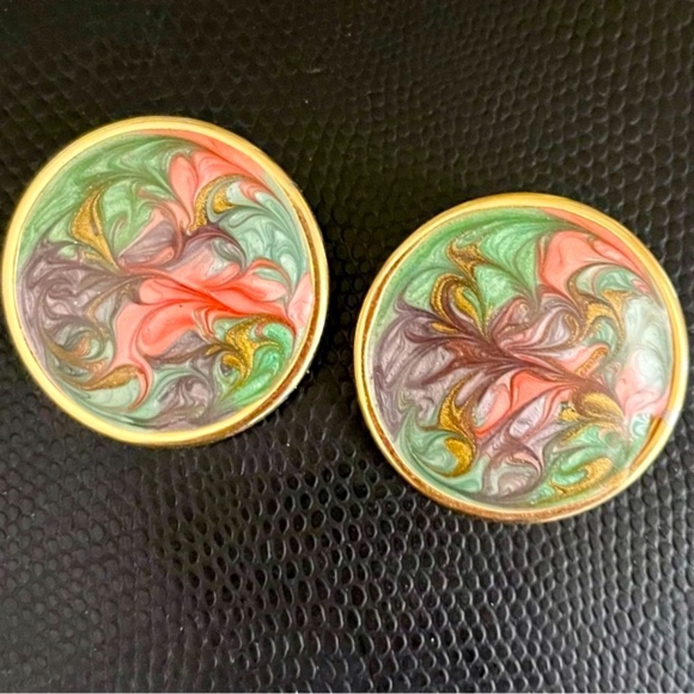 80s Round Earrings Multicolor Swirl Large Light Metal Pierced Statement